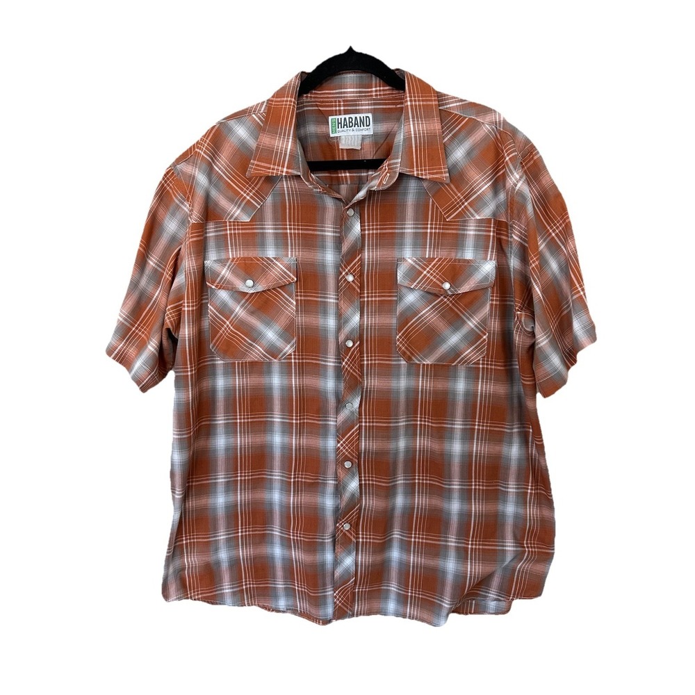 Haband Pearl Snap Mens Size Large Orange Plaid Western Short Sleeve Shirt Thin